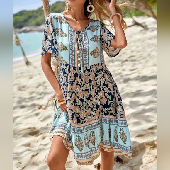 New Boho Chic Floral Print Smock Dress Navy Blue Tan White Green - Picture 6 of 8